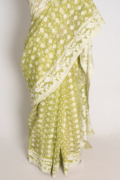Nita : Light Olive Green and White Soft Blended Cotton Bengali Jamdani Saree image 5