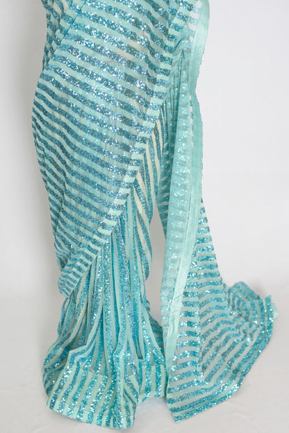Naaz | Turquoise Blue Sequin Saree | Trending Bollywood Indian Partywear image 6