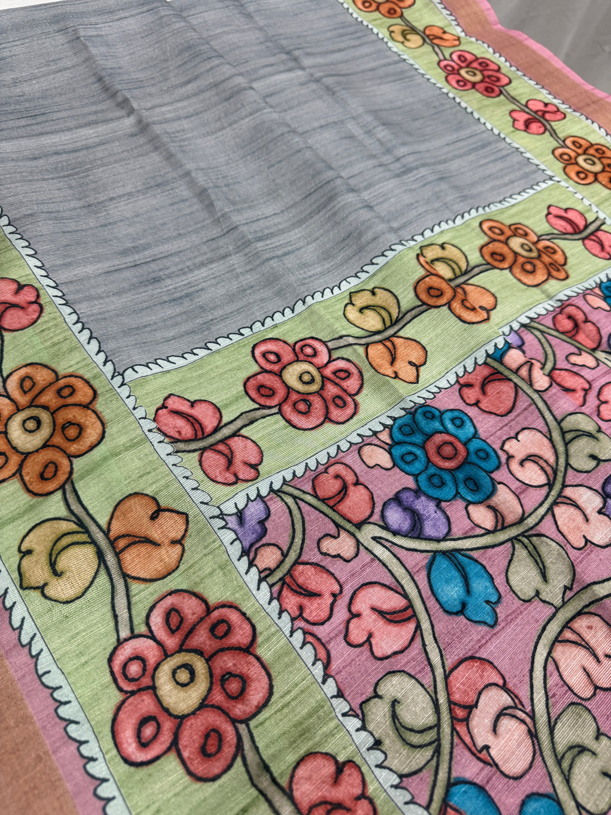Nisha: Steel Gray & Dusty Pink Semi Tussar Saree | Floral Kalamkari Print image 0
