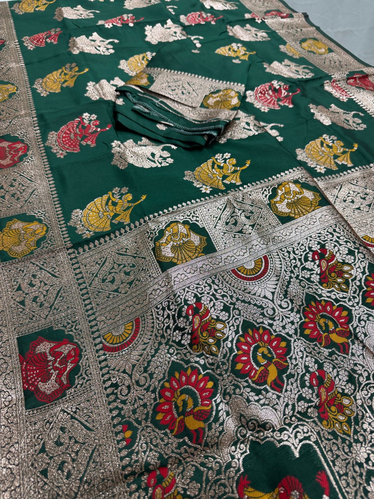 Rupa : Bottle Green Budget Friendly Baluchari Saree in Blended Silk image 1