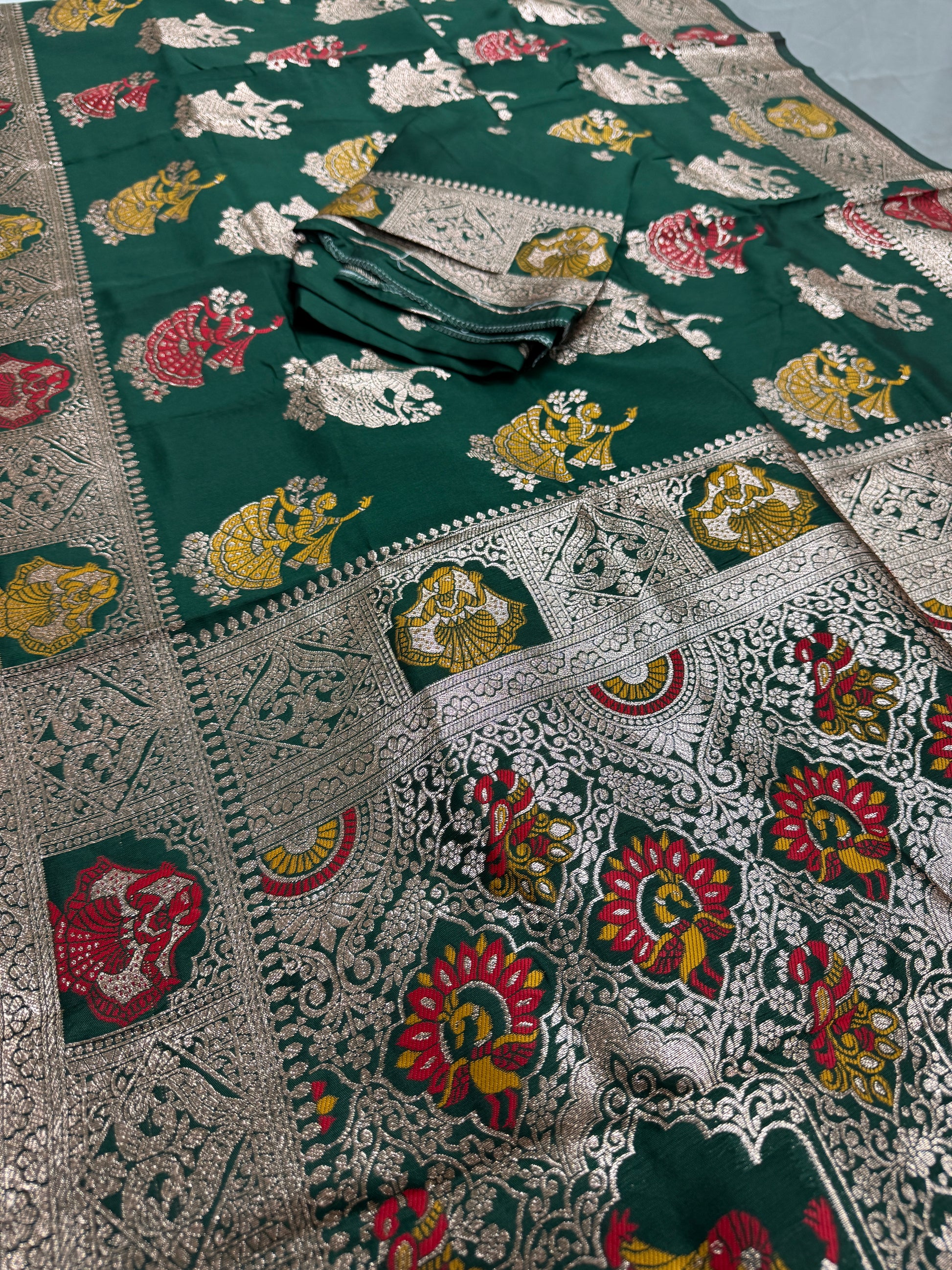 Rupa : Bottle Green Budget Friendly Baluchari Saree in Blended Silk image 1
