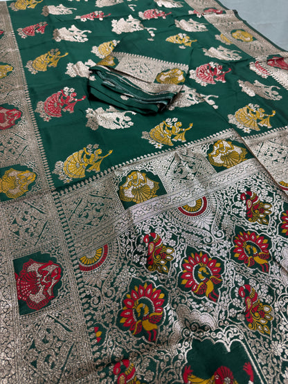Rupa : Bottle Green Budget Friendly Baluchari Saree in Blended Silk image 1