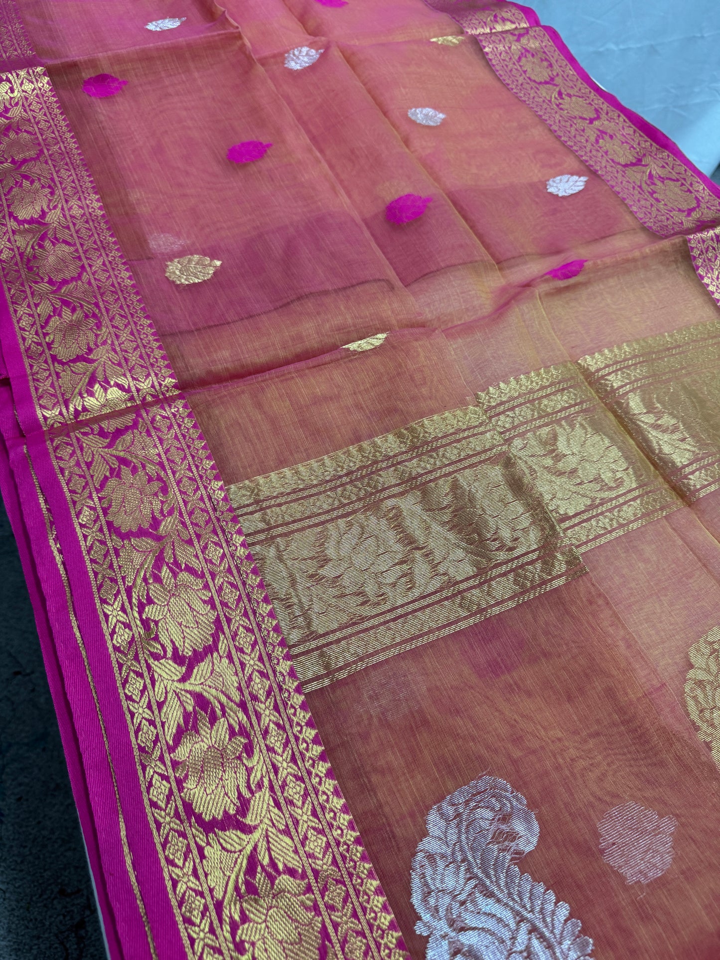 Prerna : Peach and Pink Semi Muslin Banarasi Saree image 2