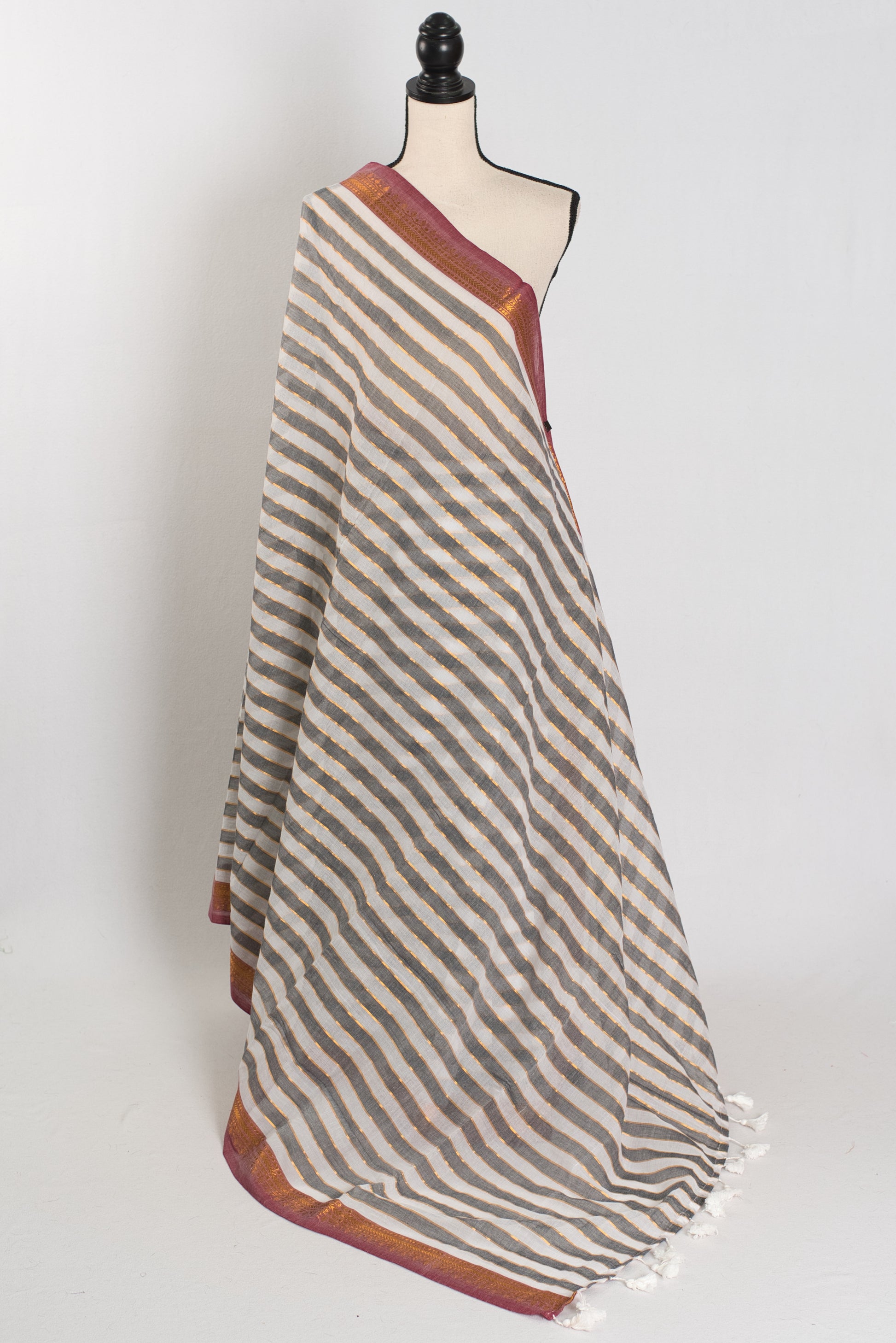 Iti: White & Gray Horizontal Striped Mulmul Cotton Saree | Lightweight Handloom image 1