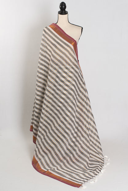 Iti: White & Gray Horizontal Striped Mulmul Cotton Saree | Lightweight Handloom image 1