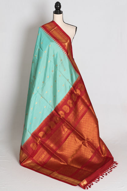 Shreya : Sea Blue & Red Handwoven Pure Gadwal Silk Saree with Stitched Blouse image 3