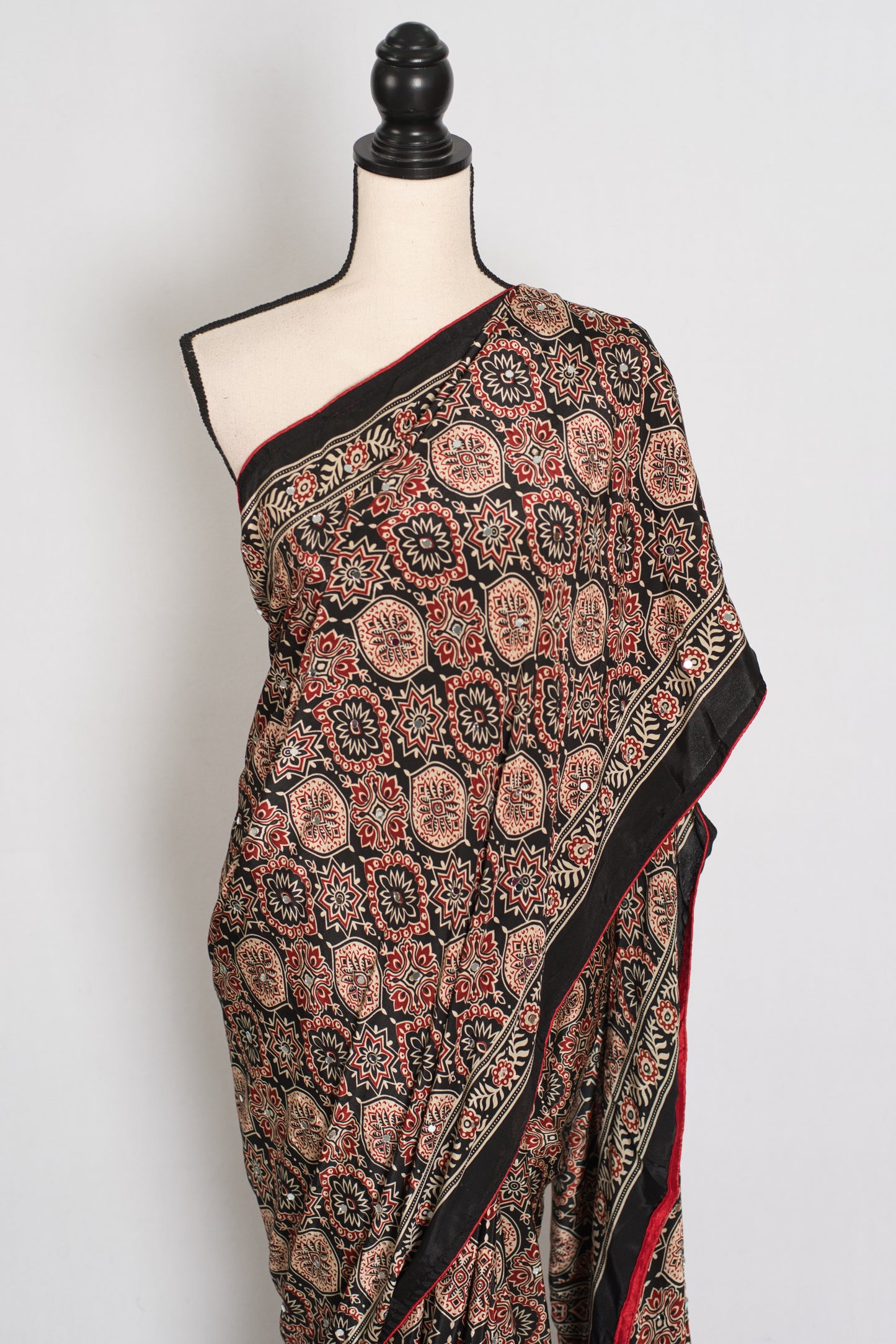 Aliya | Black Ajrakh Printed Mirror Work Saree| Bollywood Inspired Partywear image 6