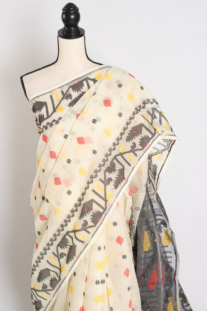 Mousumi : Cream and Black Blended Soft Cotton Jamdani Bengali Saree image 6