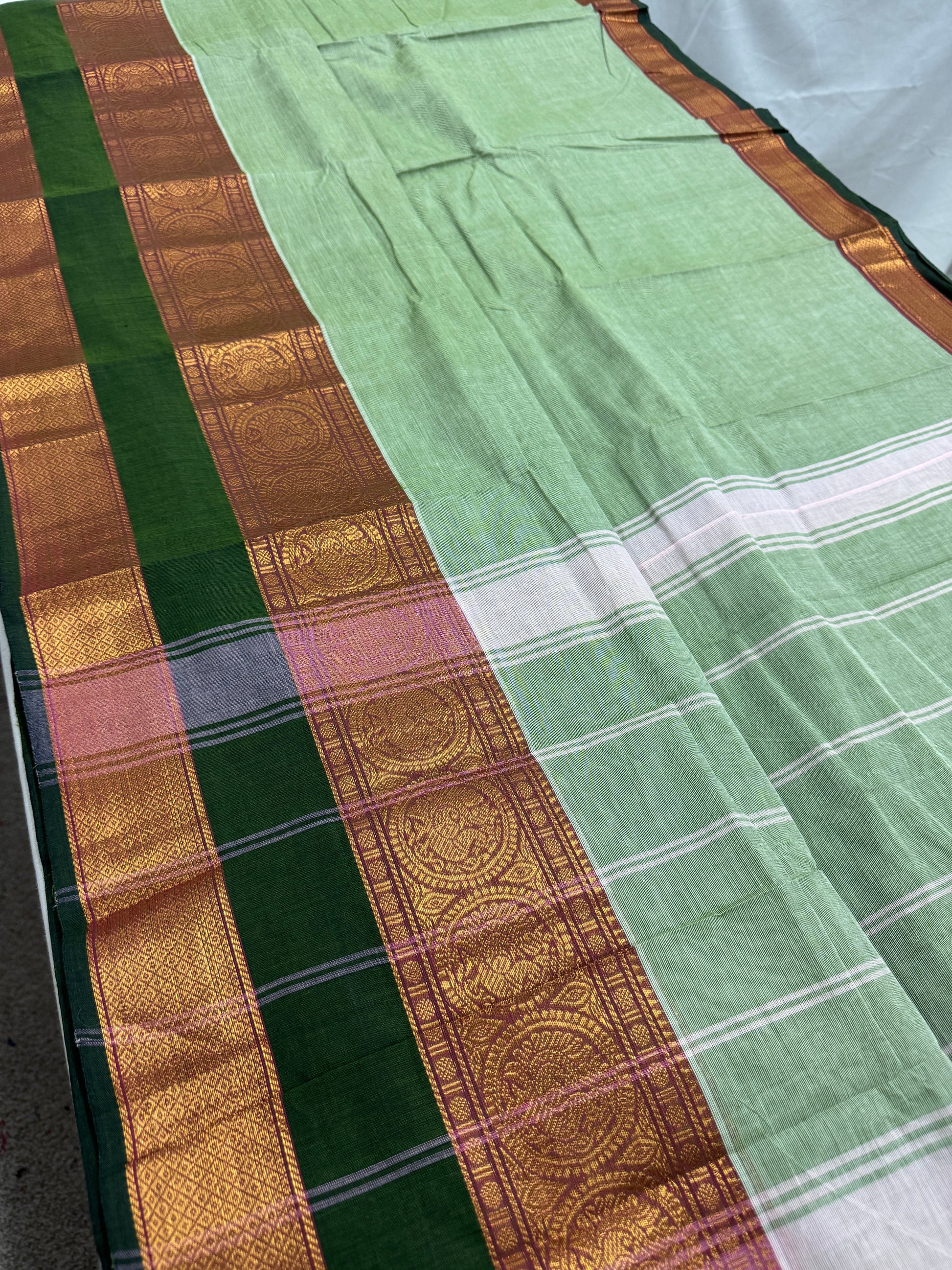 Girija : Handwoven Kanchi Cotton Saree in Mint Green with Green image 4