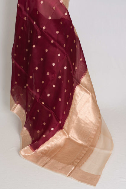Anuya : Silk Mark Certified Wine and Beige Organza Banarasi Saree image 3