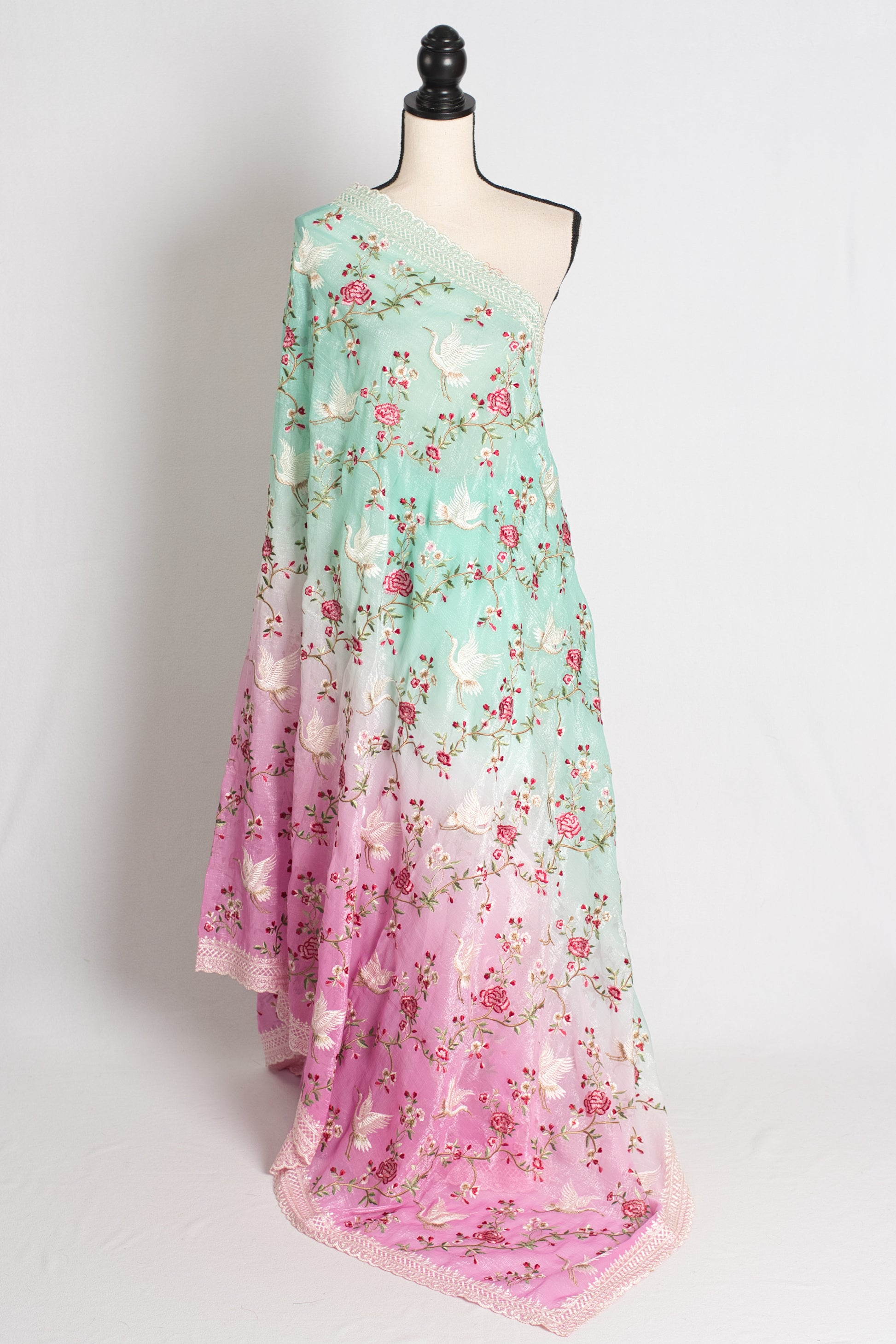 Farah : Sea Green and Pink Parsi Embroidery Designer Tissue Saree image 1