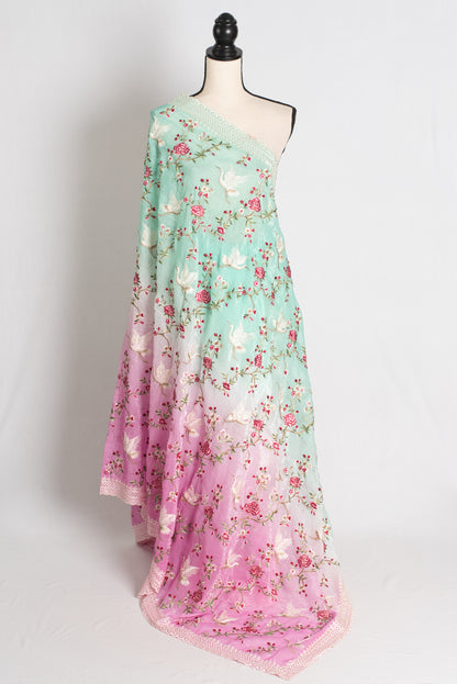 Farah : Sea Green and Pink Parsi Embroidery Designer Tissue Saree image 1