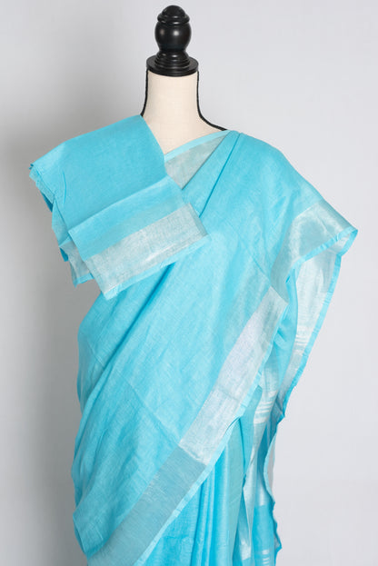 Arusi : Sky Blue Pure Linen Saree with Silver Zari Border image 2