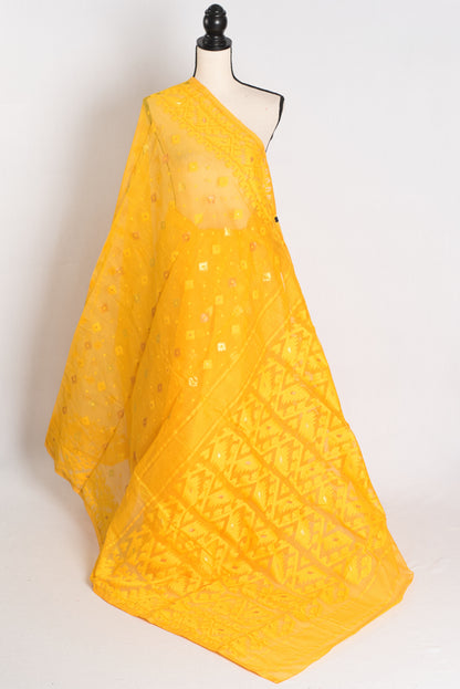 A vibrant deep yellow Bengali Jamdani saree crafted from a soft cotton blend, featuring traditional hand-loomed patterns perfect for festive occasions.
