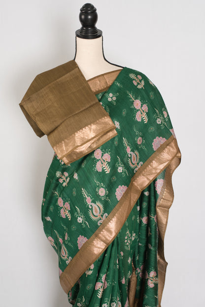 Ahalya | Forest Green Pure Muga Tussar Silk Saree | Contemporary Abstract Prints image 2