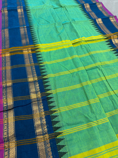 Priya : Green and Blue Kanchi Cotton Saree - Handwoven South Indian Elegance image 2