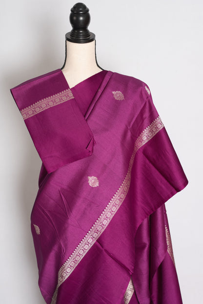 Girish : Deep Plum Tussar Silk Banarasi Handwoven Saree with Solid Satin Border image 2