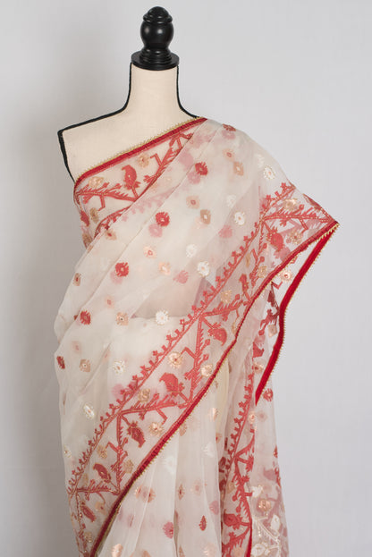 Zehra : White and Red Semi Muslin Jamdani Saree with Cut Dana Hand Embroidery image 5