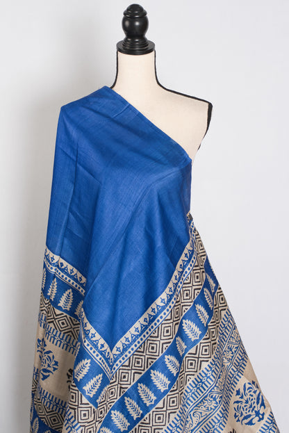 Mati Blue and White Hand Block Printed Tussar Silk Saree with 38 Size Blouse image 5