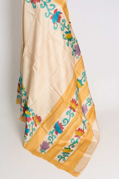 Mala : Hand Painted Kalamkari Tussar Silk Saree in Cream and Yellow image 3