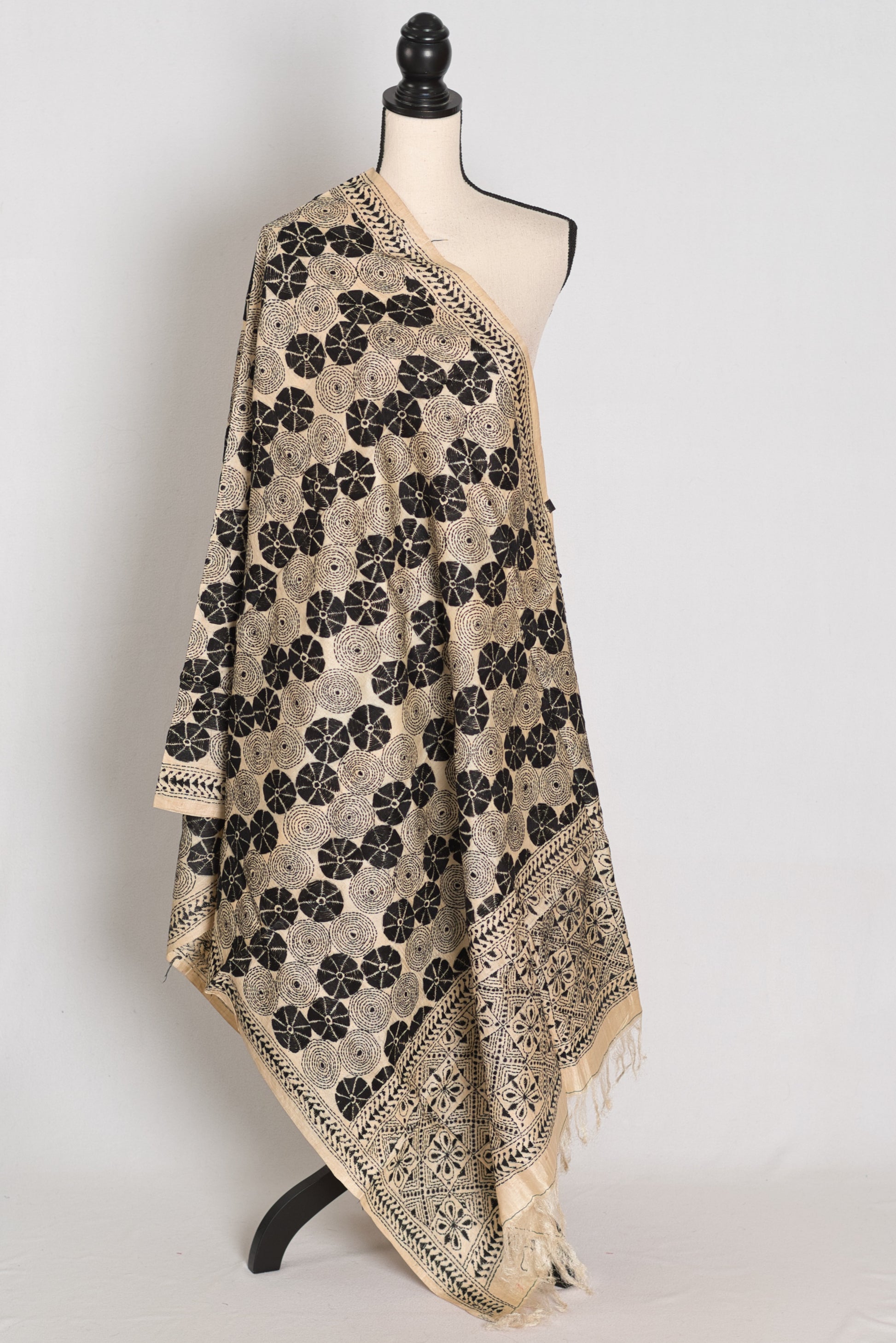 Hand Embroidered Black & Beige Gachi Tussar Silk Kantha Dupatta | Mou image 0