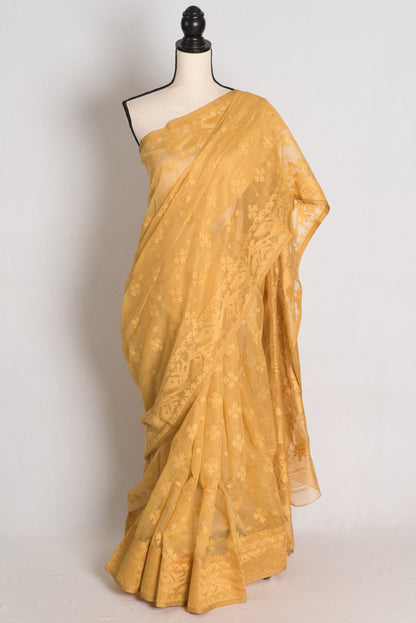 Dhriti : Beige and Gold Soft Blended Cotton Bengali Jamdani Saree image 0