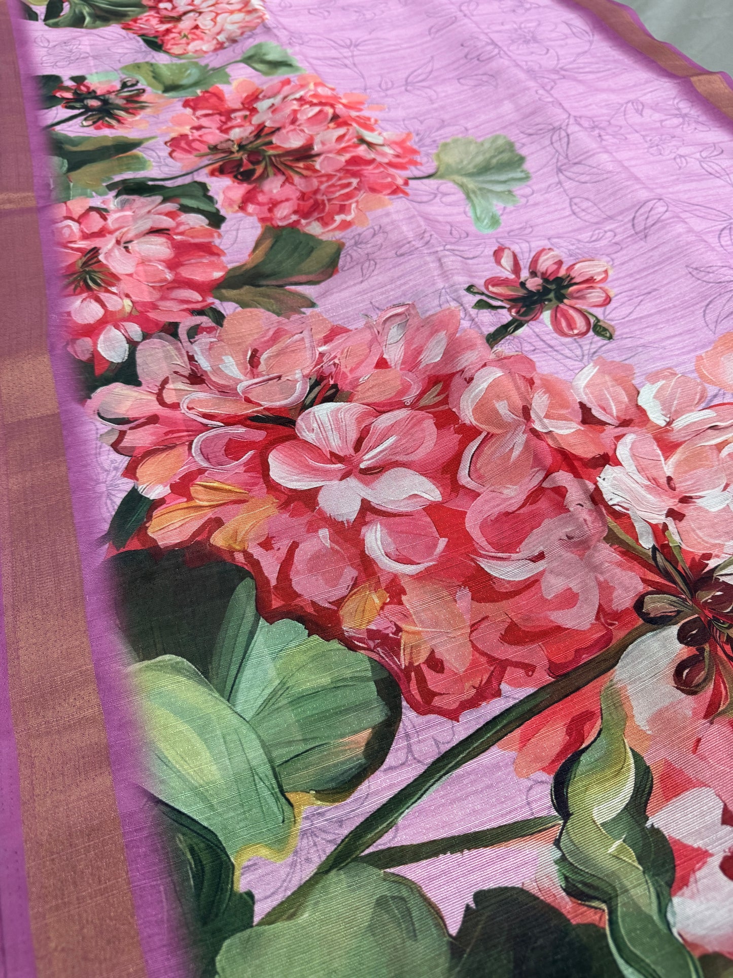 Lila | Lavender & Pink Floral Printed Semi Tussar Saree image 0