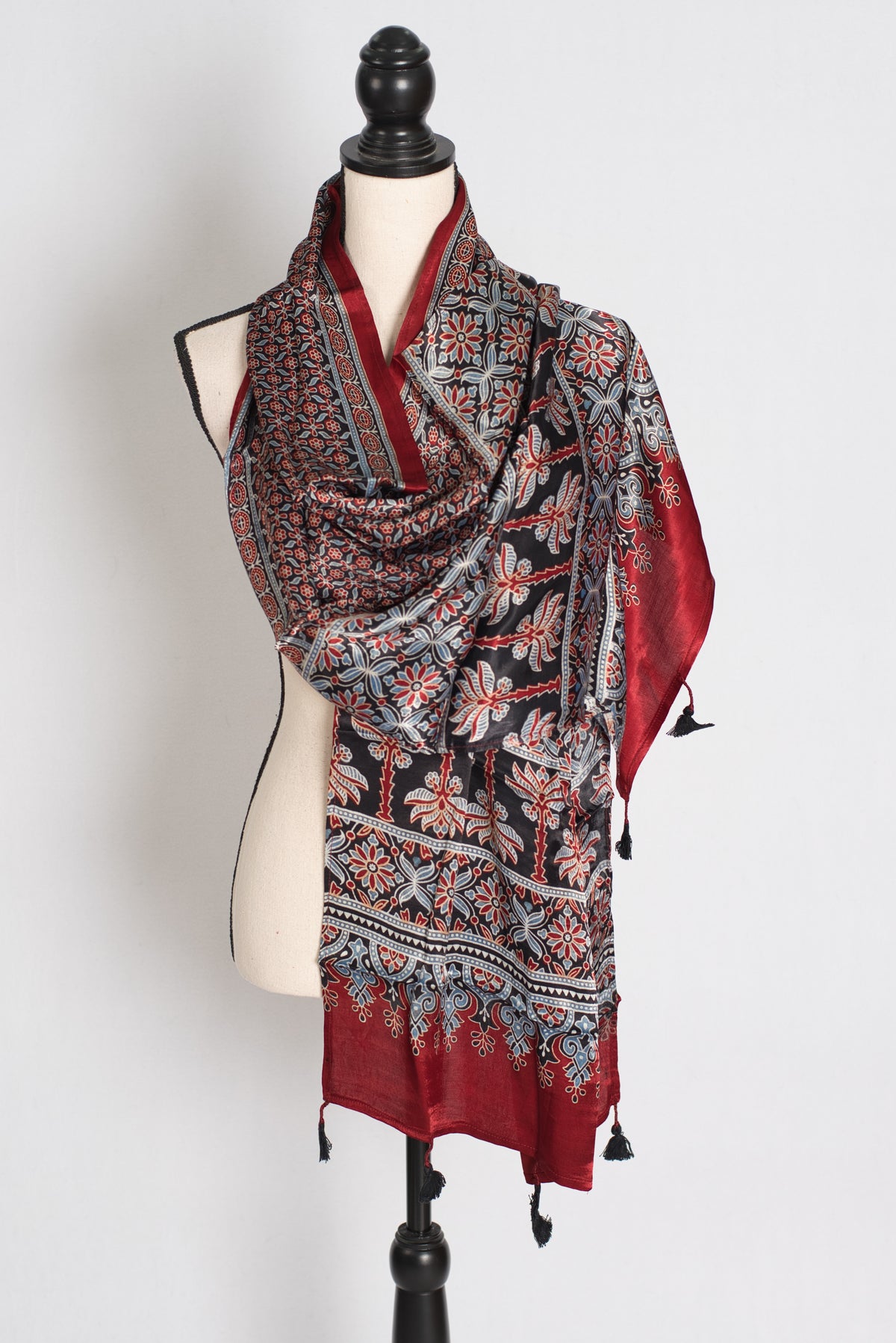 Hand Block Printed Modal Silk Scarf – Luxury Maroon & Black image 0