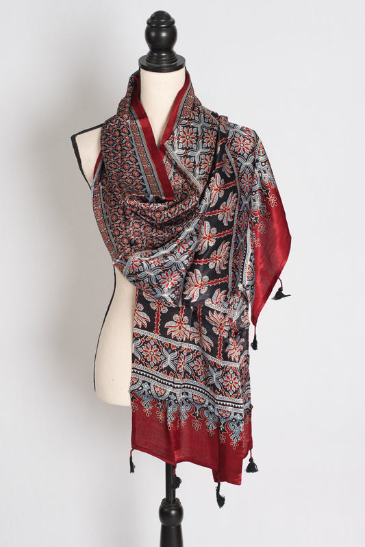 Hand Block Printed Modal Silk Scarf – Luxury Maroon & Black image 0