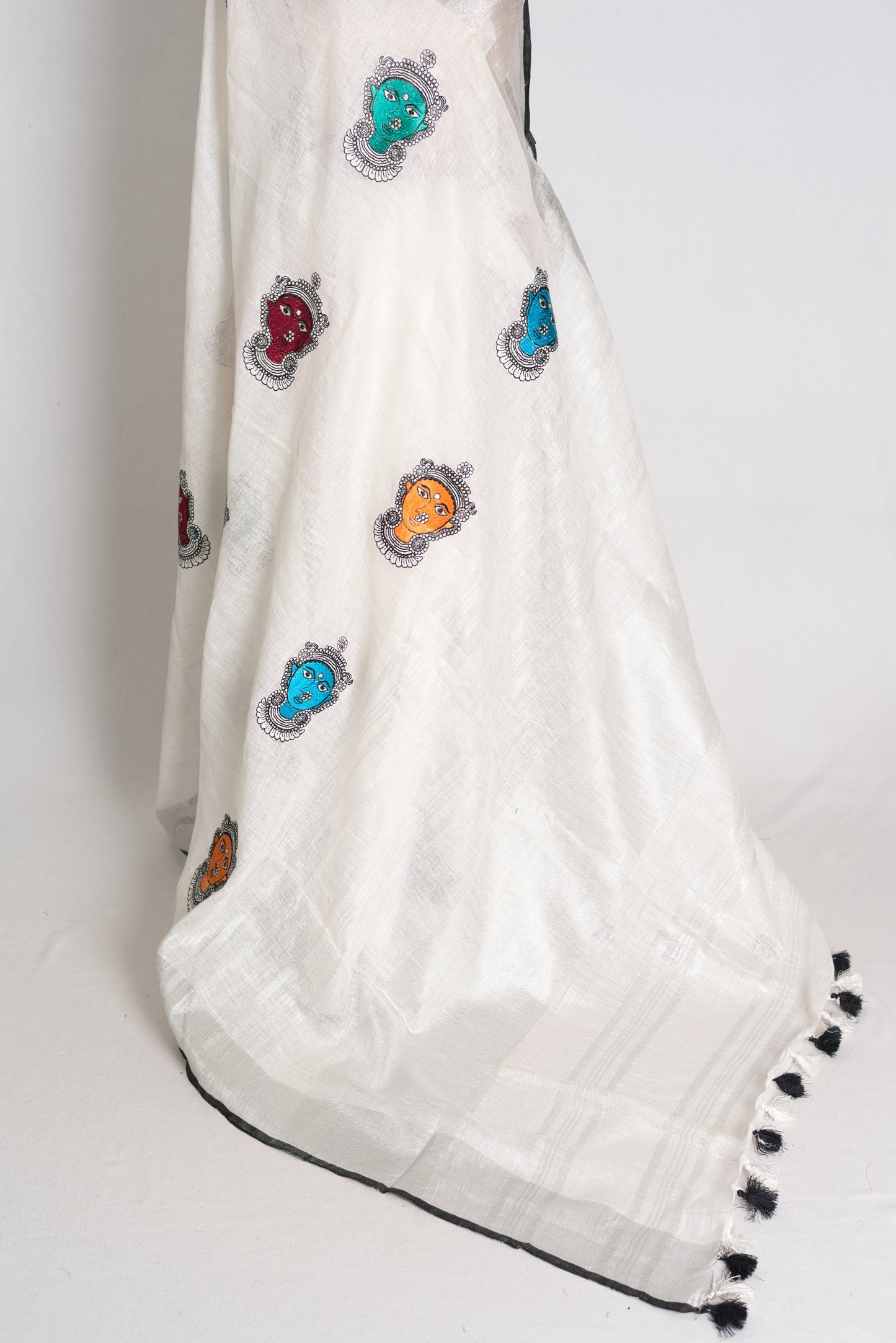 Durga : White Pure Linen Saree with Colorful Durga Face Machine Embroidery image 4
