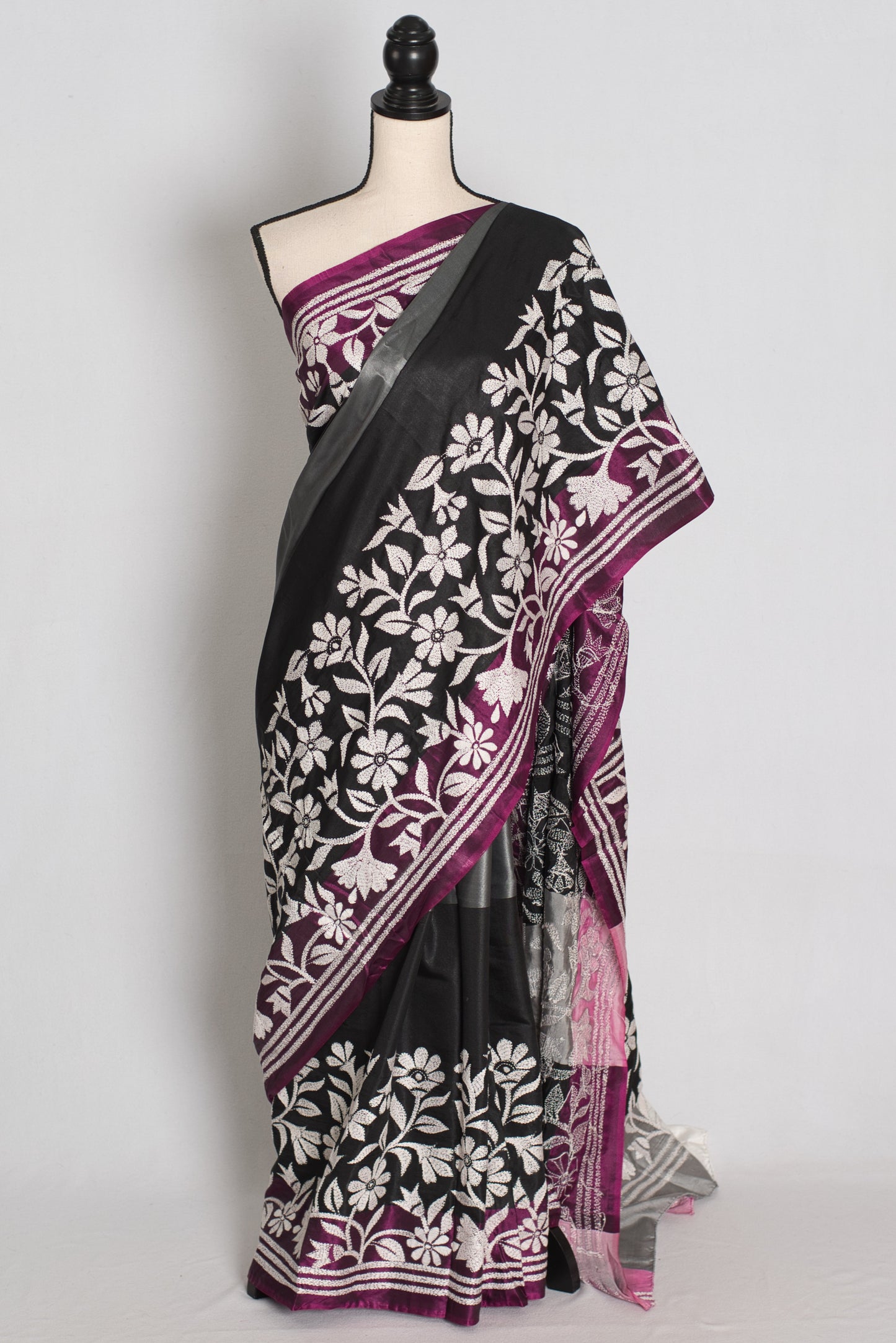 Neha : Black and Gray Hand Embroidered Kantha Stitch Semi Silk Saree image 0