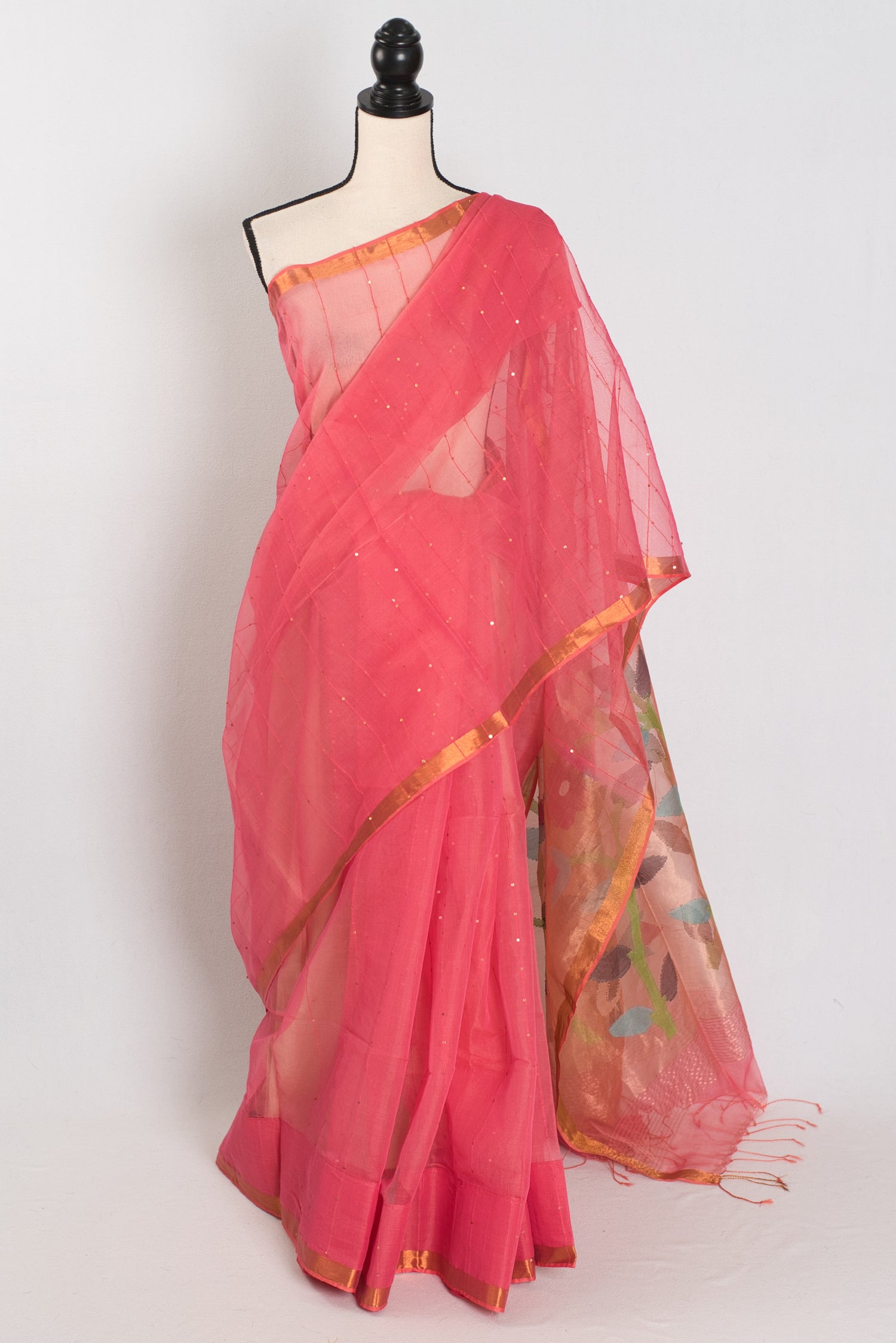 Kusum: Coral Pink & Gold Muslin Cotton Jamdani Saree | Sequin Weaving image 0
