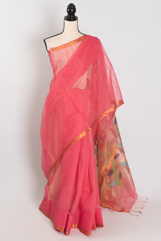 Kusum: Coral Pink & Gold Muslin Cotton Jamdani Saree | Sequin Weaving image 0