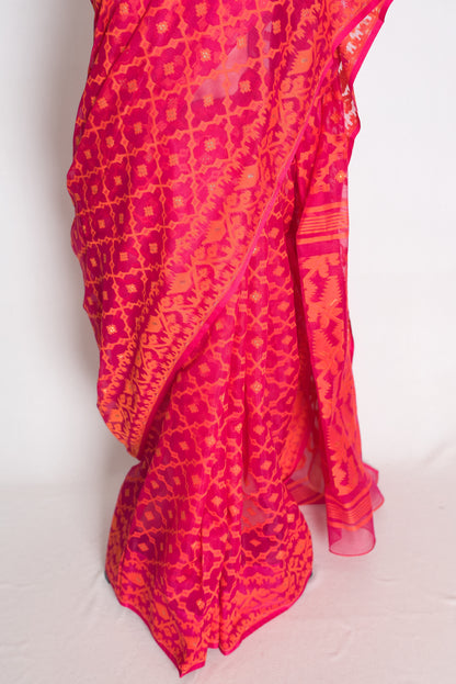 Nagma : Pink and Orange Soft Blended Cotton Jamdani Saree image 5