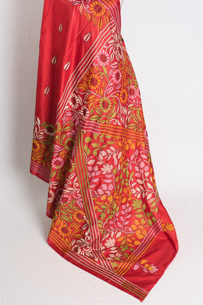Agni Rekha - Red Blended Silk Hand Embroidered Kantha Stitch Saree image 3