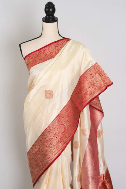 Bani : Certified Katan Silk Banarasi Saree in Cream and Red image 6