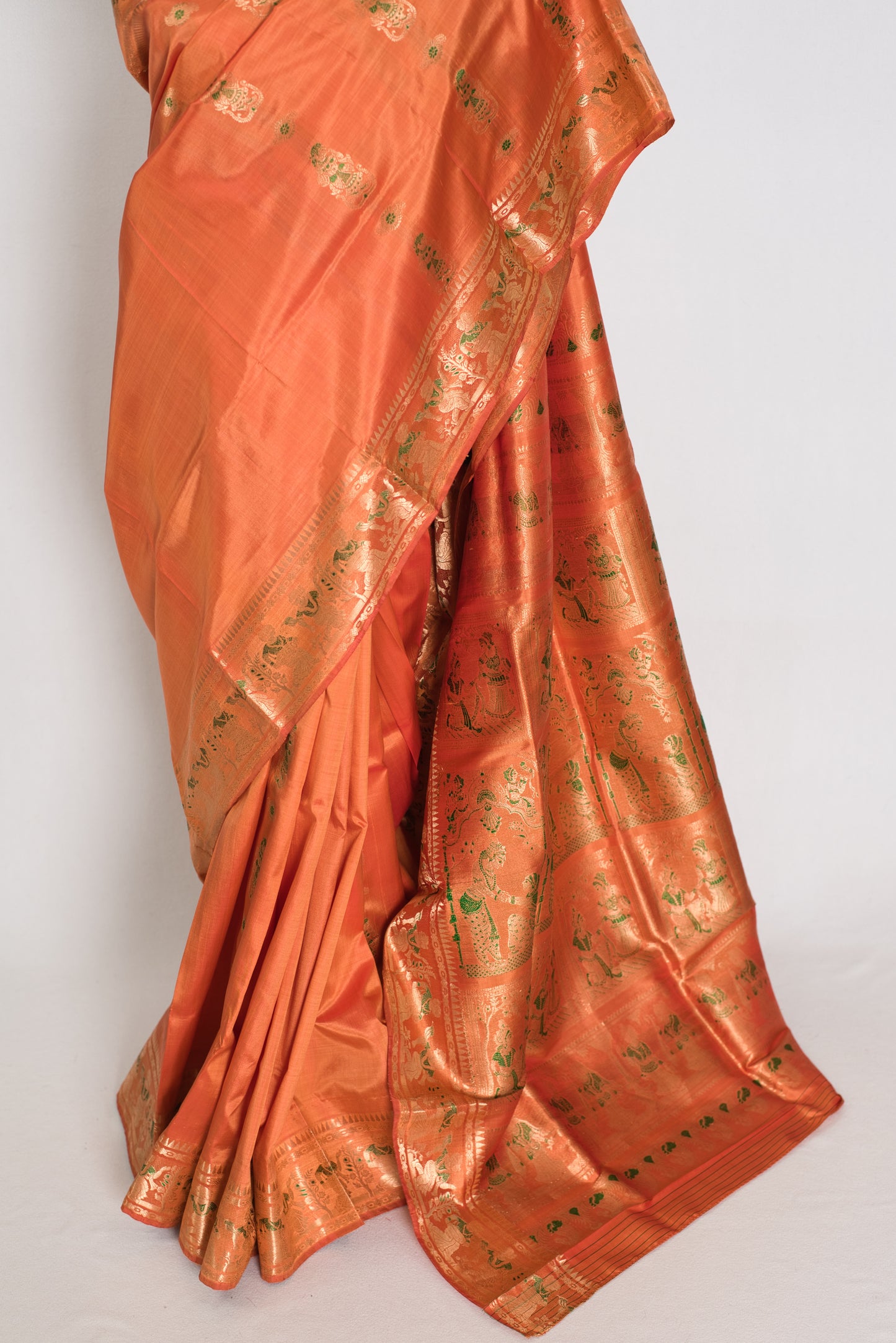 Gauri | Orange and Green Handwoven Bishnupuri Minakari Swarnachari Silk Saree image 6