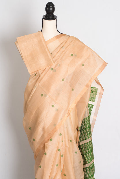 Prerna : Bengal Handloom Tussar Silk Saree in Beige and Green image 2