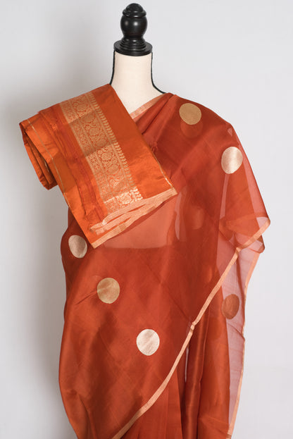 Ira : Rust Brown and Gold Polka Dot Kora Organza Banarasi Saree | Silk Mark image 2