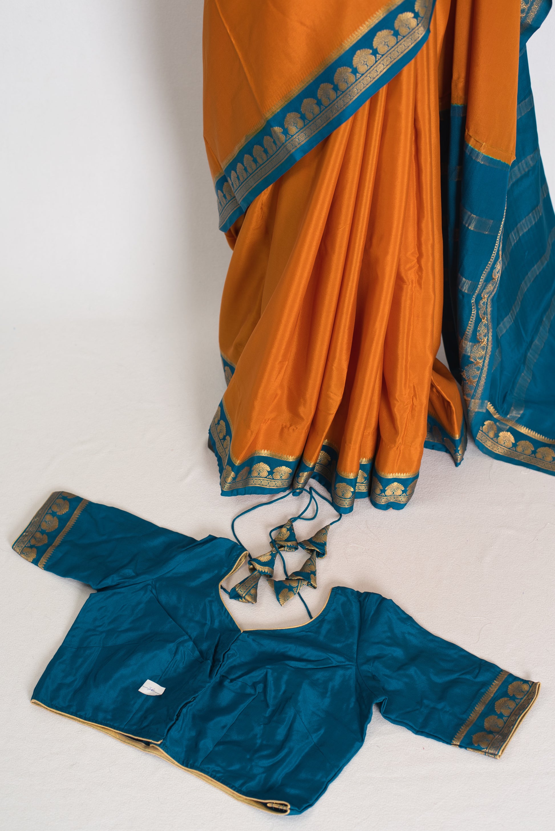 Nandini Orange and Turquoise Pure Mysore Silk Crepe Saree with 36 Size Blouse image 1