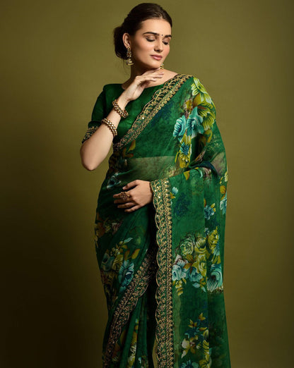 Designer Floral Georgette Partywear Saree in Green.