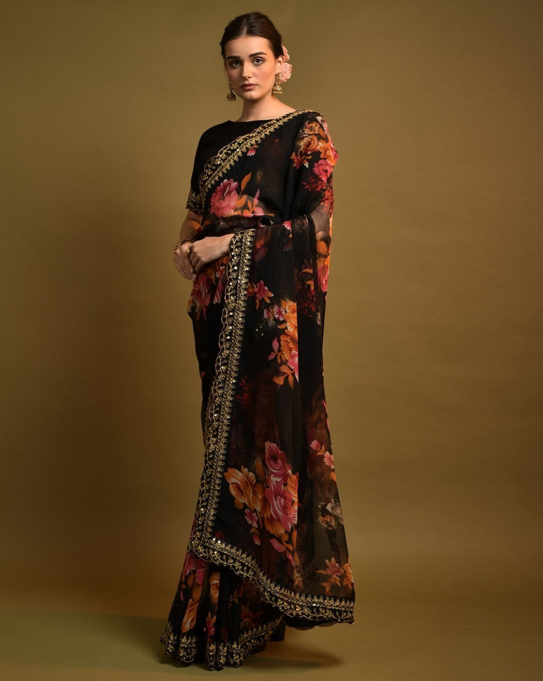 Designer Floral Georgette Partywear Saree in Black.