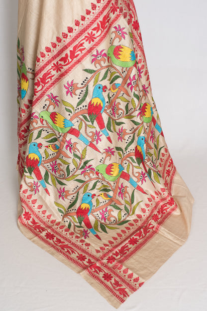 Kavitha : Pure Gachi Tussar Hand Embroidered Kantha Stitch Saree image 2