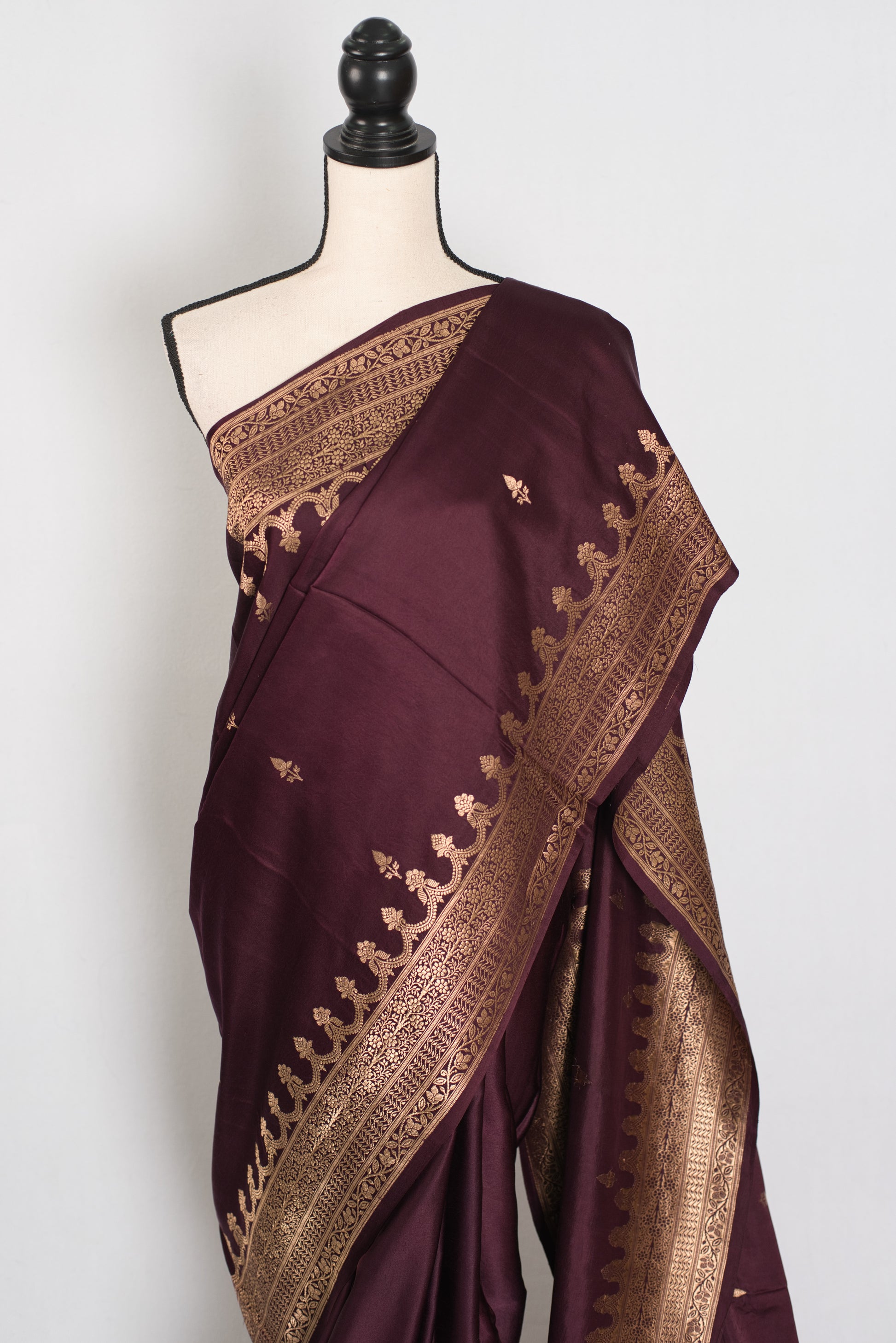Ruuh | Wine Premium Mashru Banarasi Silk Saree | Antique Gold Zari Weaving image 6