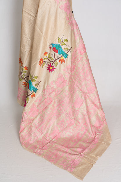 Moi : Premium Gachi Tussar Hand Embroidered Kantha Stitch Saree image 4