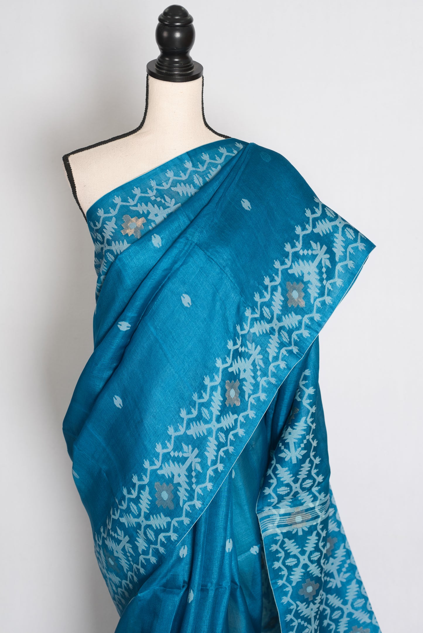 Meera Turquoise Blue Bengal Tussar Jamdani Silk Saree | Silk Mark Certified image 6