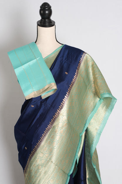 Nadia: Midnight Blue and Sea Green Wide Border Mango Silk Banarasi Saree image 2