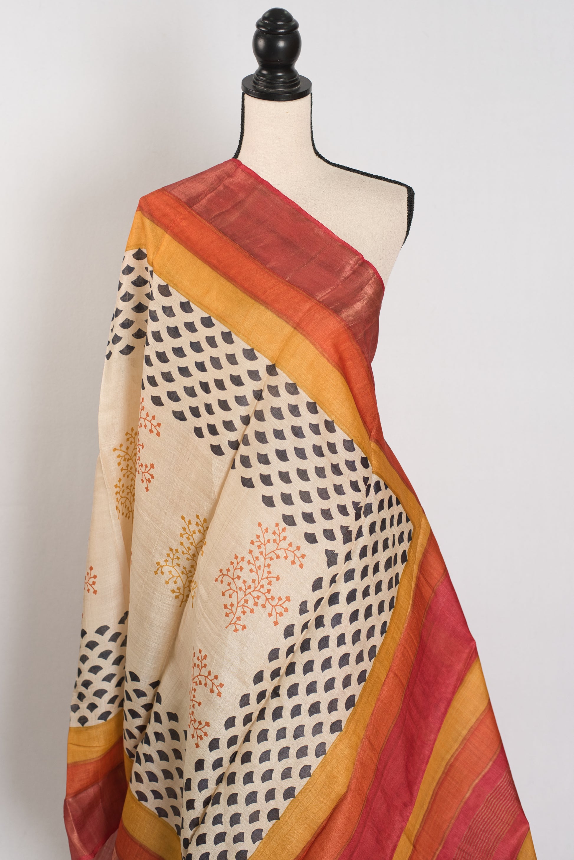 Madhavi: Beige & Rust Hand Block Printed Bengal Tussar Silk Saree image 3
