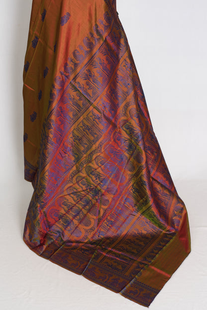 Nita | Brown and Blue Handwoven Baluchari Silk Saree with Blue Minakari Detail image 2