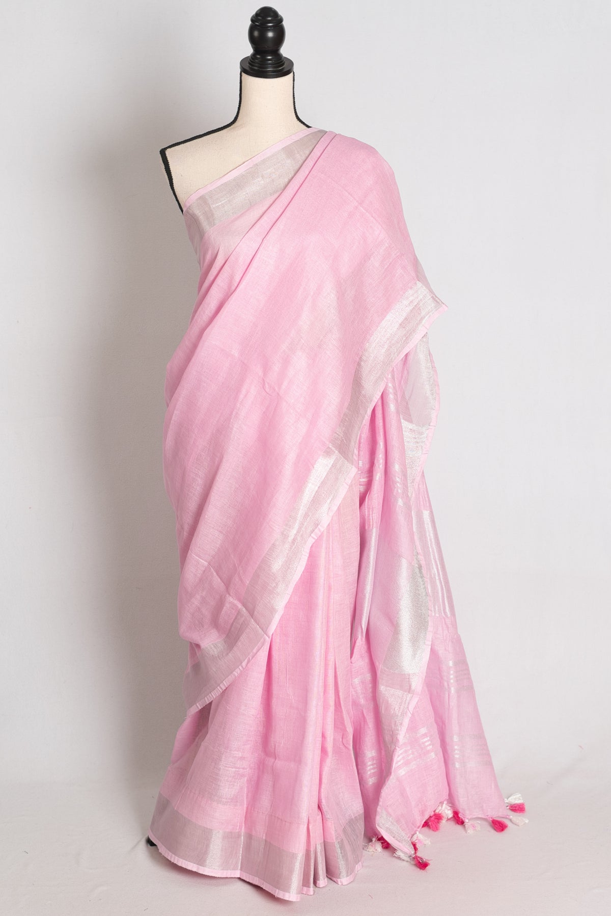 Girija : Baby Pink Pure Linen Saree with Silver Zari Border image 0